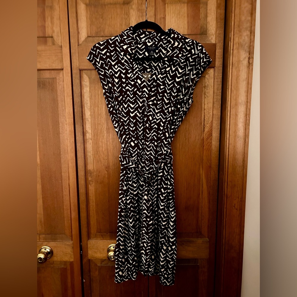 Chaps Women’s Sz M Brown and White Patterned Retro Inspired, Belted Dress